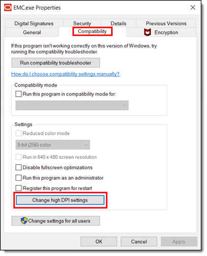 This figure shows the EMC.exe Properties window.