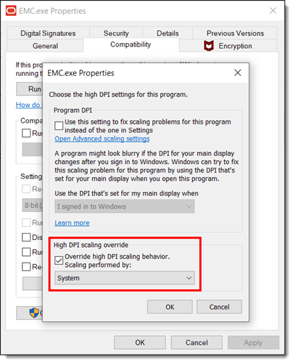 This figure shows the EMC.exe Properties window and the scaling override settings.