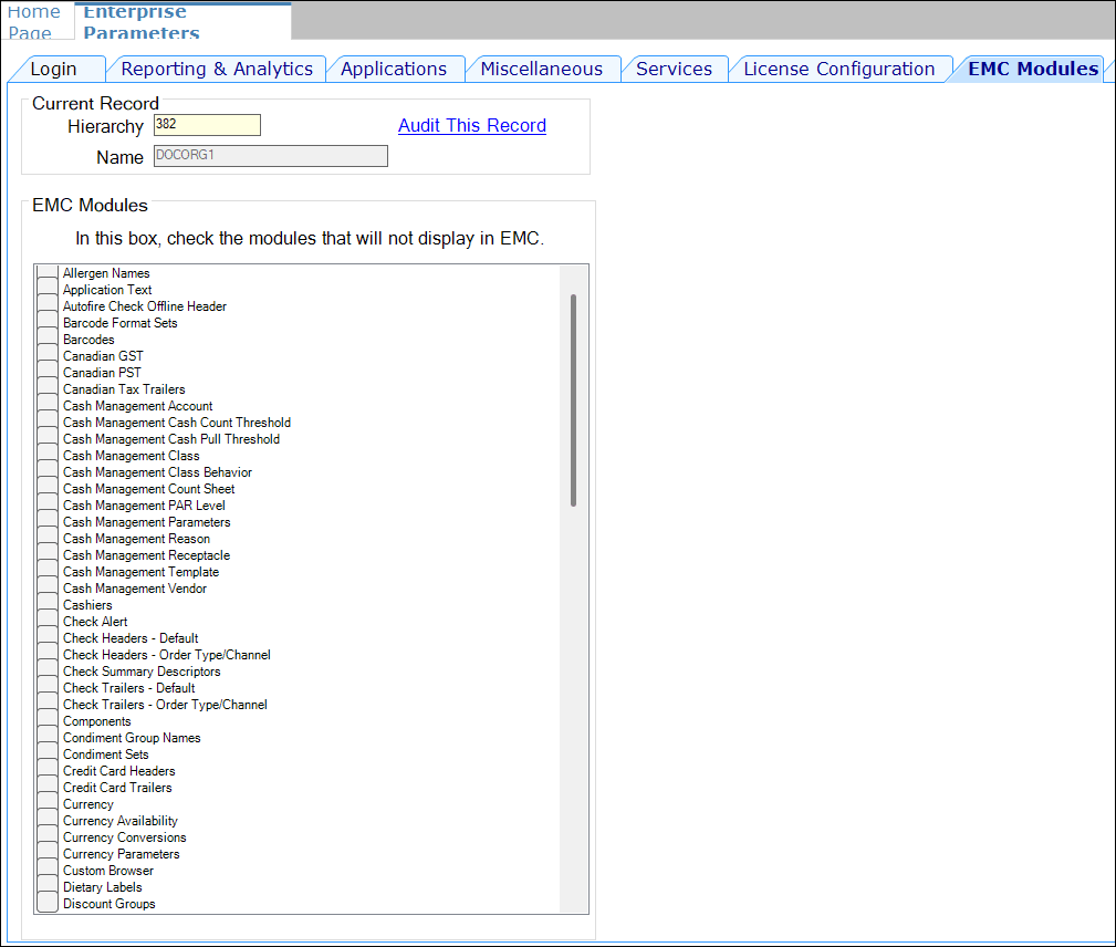This figure shows the Enterprise Parameters module, specifically the EMC Modules tab.