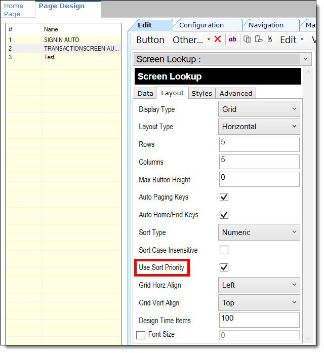 This figure shows the Page Design module’s Screen Lookup Layout settings.