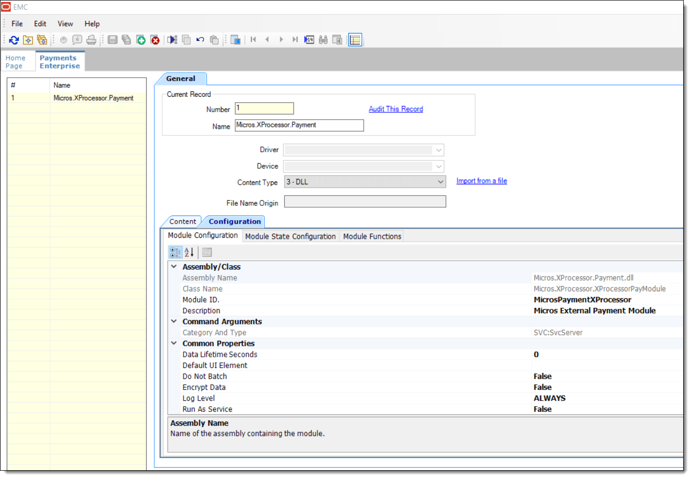 This figure shows the Simphony EMC Payments module setup for the Payments .DLL file.