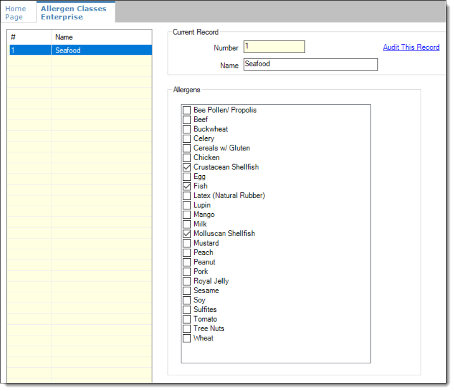 This figure shows the Allergen Classes module in form view.