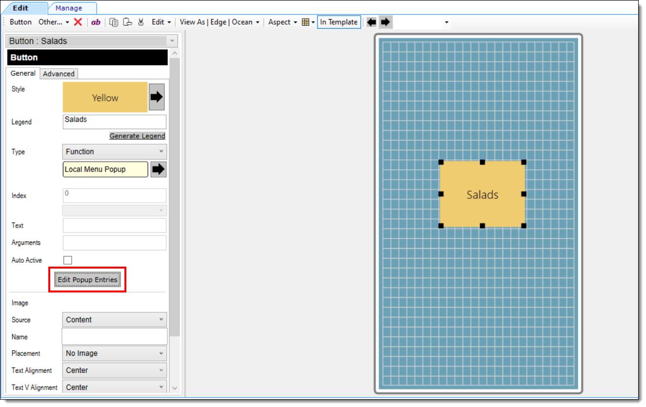 This image shows the Page Design module when configuring the Local Menu Pop-up button.