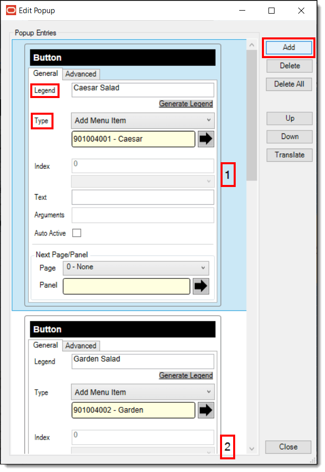 This image shows the Edit Popup entries window as menu items are added to the Local Menu Pop-up button.