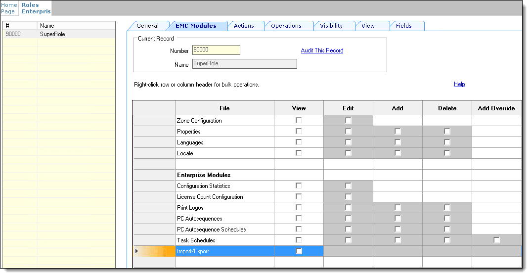 This figure shows the Roles setting that affects the ability of staff to see, and therefore access the Import/Export service from the SWP toolbar.