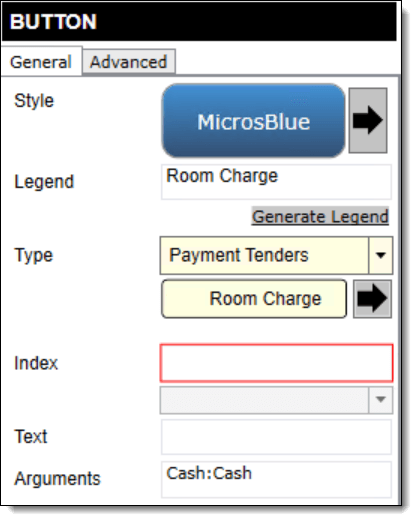 This figure shows a Room Charge payment button as configured in the Page Design module.