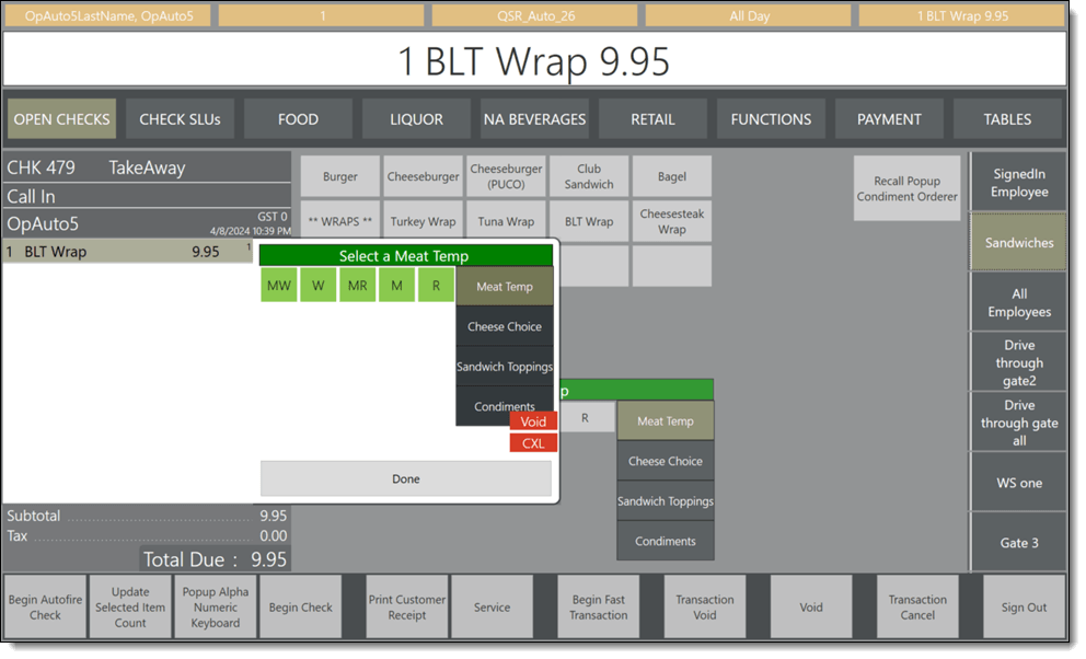 This figure shows the popup condiment orderer screen next to the check detail area from the workstation.