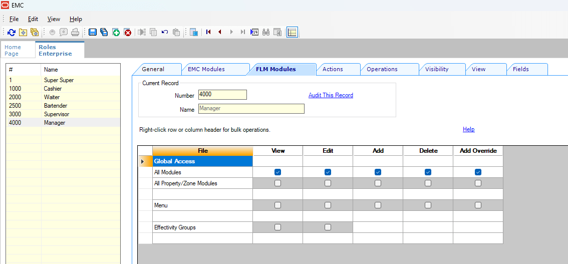 This figure shows the FLM Modules tab in the Simphony EMC’s Roles module.