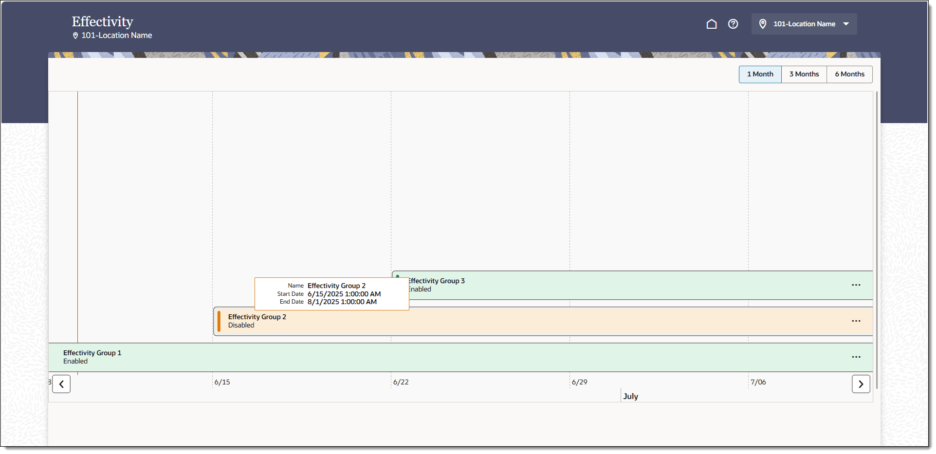 This figure shows the Effectivity timeline with start and end dates for each effectivity group, and the automatically enable date (if set). This figure shows the Effectivity timeline with start and end dates for each effectivity group, and the automatically enable date (if set).