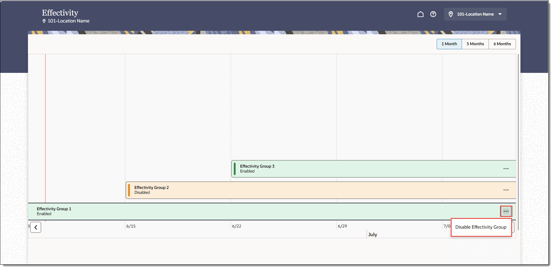 This figure shows the Effectivity timeline with the ellipsis point (...) button and Disable Effectivity Group indicated in a red outline. This figure shows the Effectivity timeline with the ellipsis point (...) button and Disable Effectivity Group indicated in a red outline.