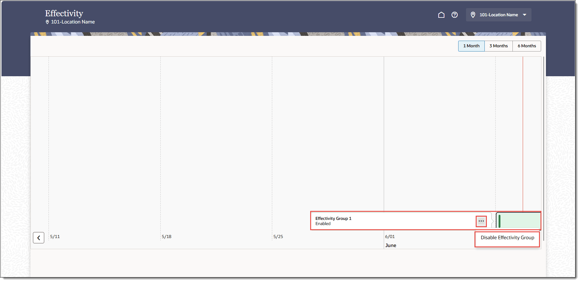 This figure shows the Effectivity timeline extending outside of the active view, with the ellipsis point (...) button and Disable Effectivity Group. This figure shows the Effectivity timeline extending outside of the active view, with the ellipsis point (...) button and Disable Effectivity Group.