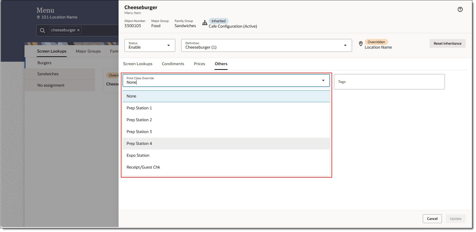 This figure shows the menu item with the Print Class Override drop-down list indicated in red.