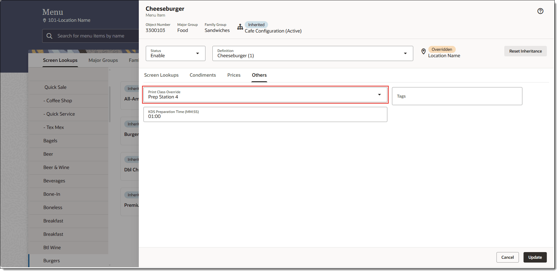 This figure shows the menu item with the selected Print Class Override indicated in red.