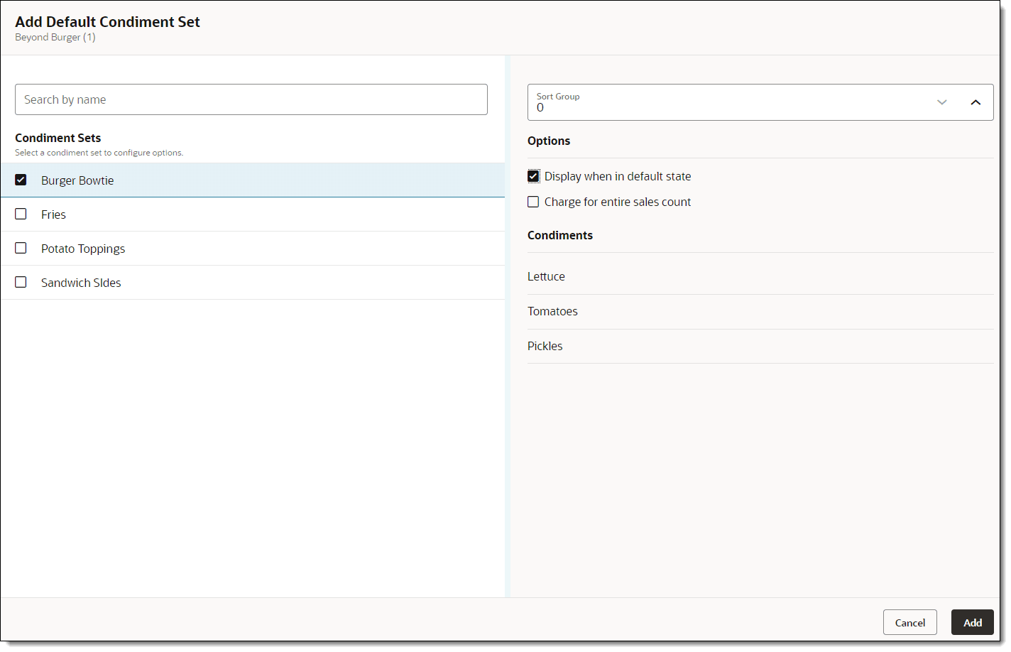 This figure shows the Add Default Condiment Set dialog, where you can set the Condiment Sets and options.