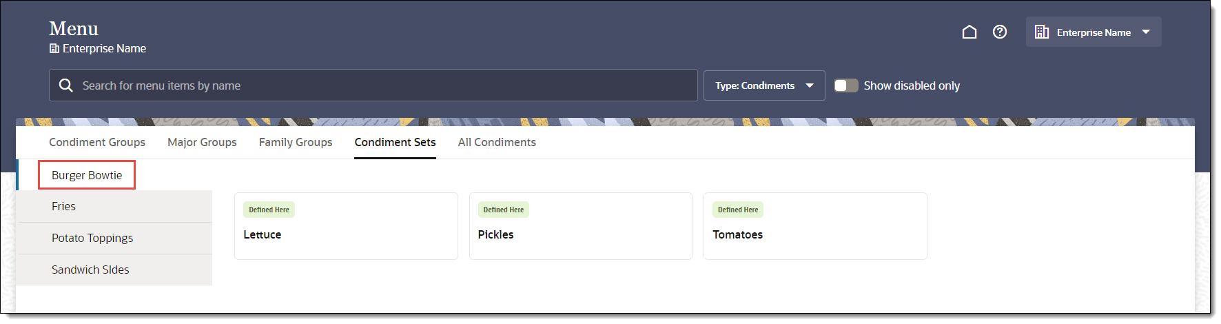 This figure shows the Condiment Sets tab, where you can select the Condiment Set from the side list and then select the condiment item.