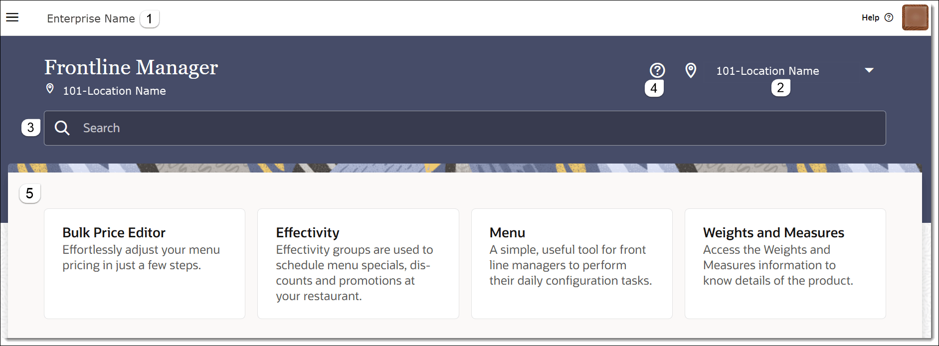This figure shows the Frontline Manager home page and the location of navigational fields and links.