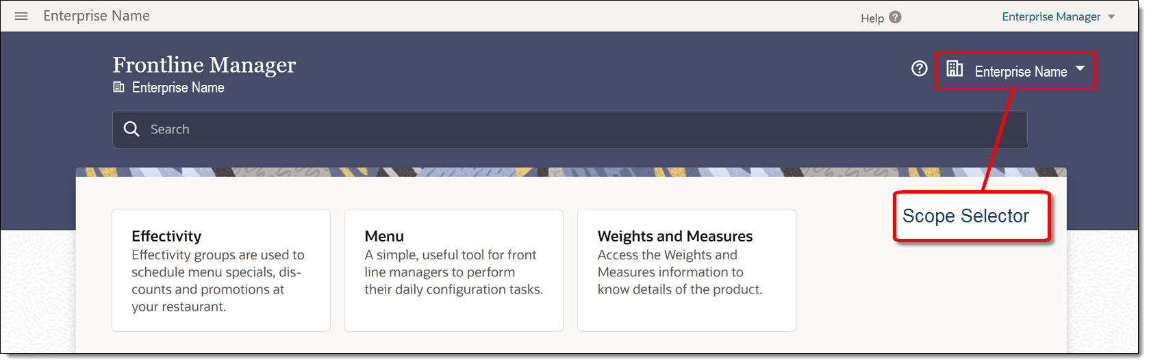 This figure shows the FLM home page with the Scope Selector highlighted. This figure shows the FLM home page with the Scope Selector highlighted.