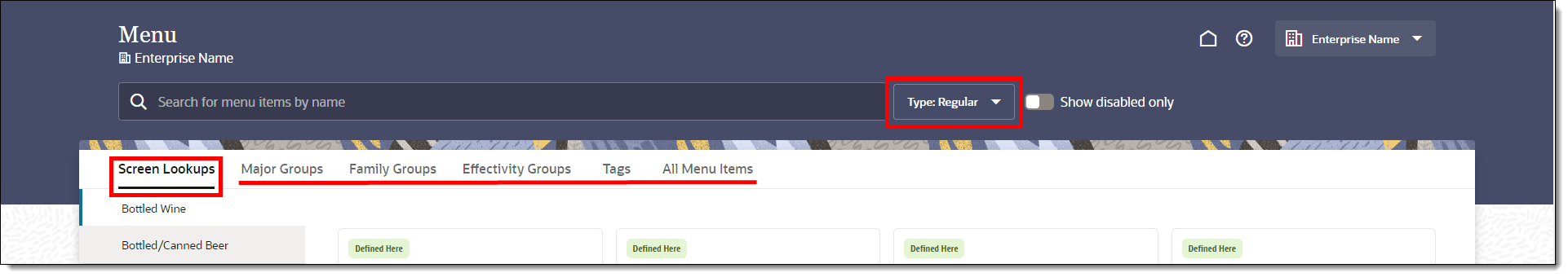 This figure shows the FLM field which allows you to switch between viewing regular vs. condiment menu items. Regular menu item filtering tabs are identified.