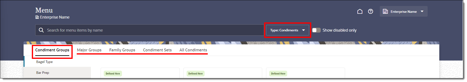 This figure shows the FLM field which allows you to switch between viewing regular vs. condiment menu items. Condiment menu item filtering tabs are identified.