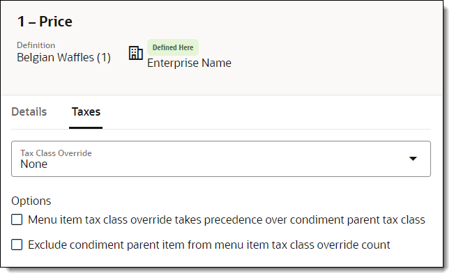 This figure shows the Price Taxes, where you can change the Tax Class Override.