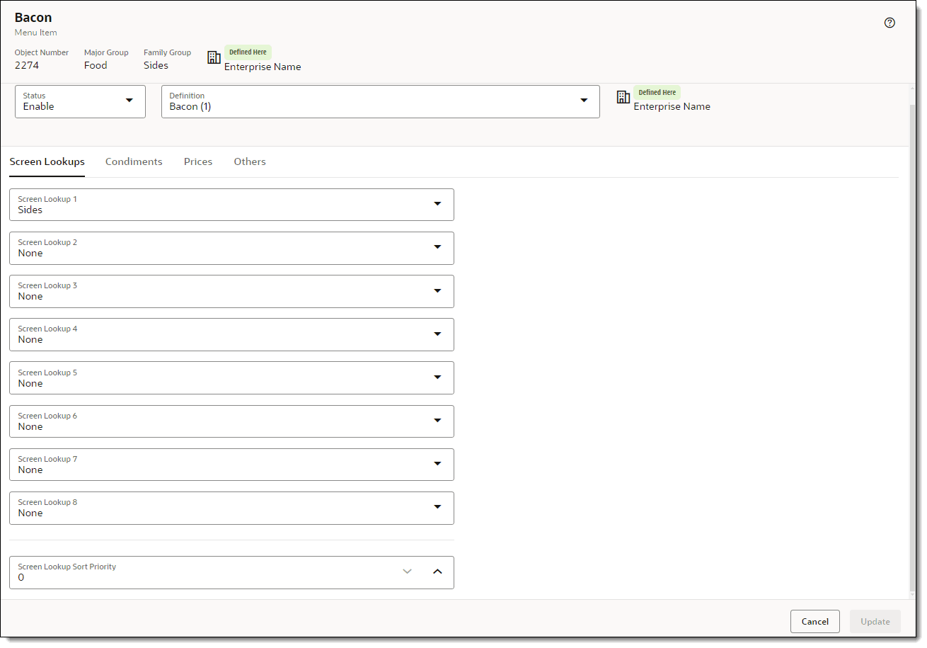This figure shows the Screen Lookups tab with Screen Lookup 1 through 8.