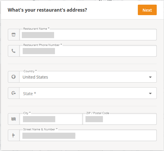 This figure shows the What’s your restaurant’s address? dialog in GloriaFood.