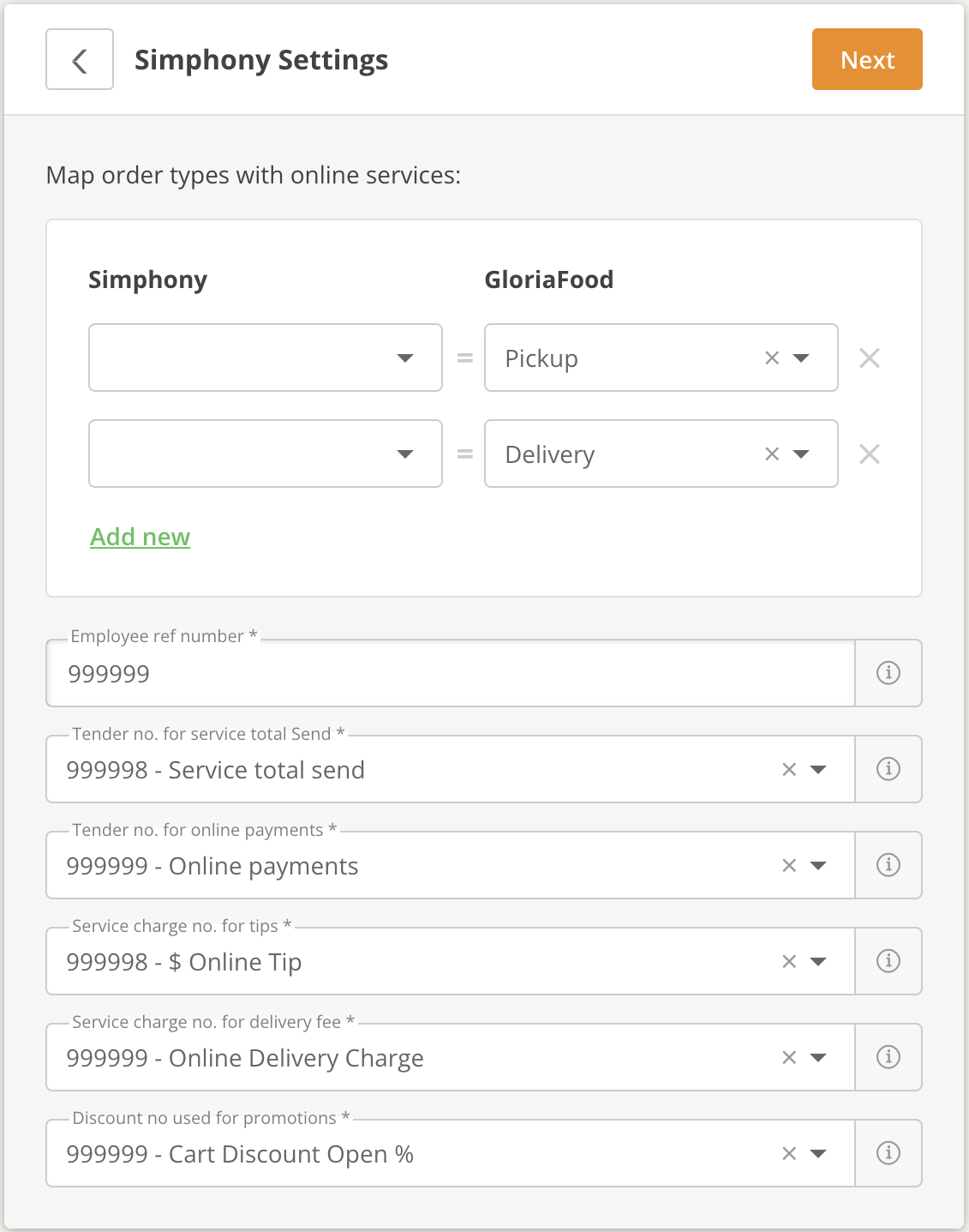 This figure shows the Simphony Settings dialog in GloriaFood.