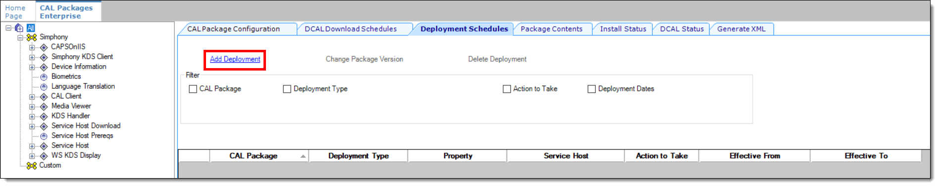 This figure shows the CAL Packages module Deployment Schedules tab, specifically the Add Deployment link.