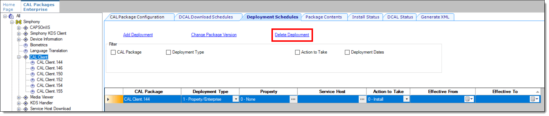 This figure shows the CAL Packages module and the Deployment Schedules tab.