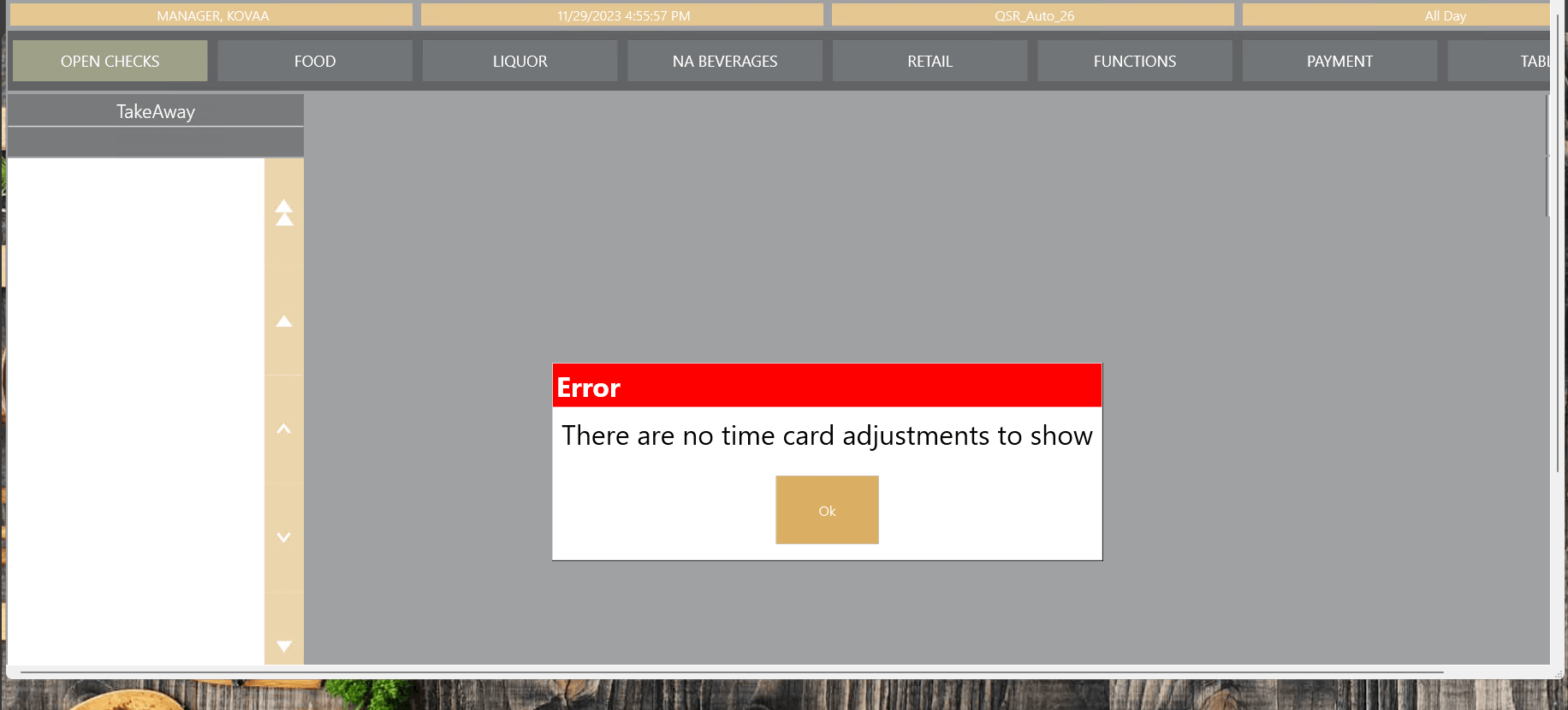 This figure shows the time card adjustment message after clicking Time Card Adjustment Notification, when no changes have been made to the time card.