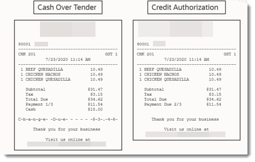 This image shows two example equal payment receipts. The left part of the image describes the Cash Over Tender example receipt, and the right side describes the Credit Authorization example receipt.