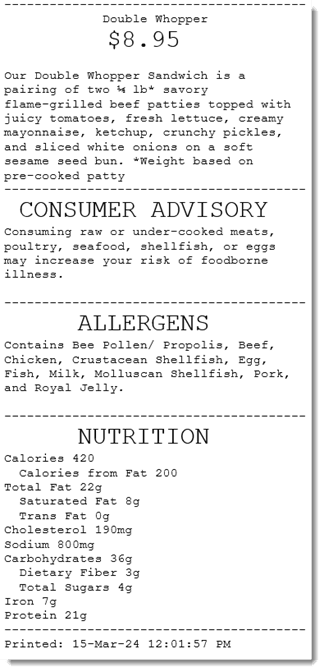 This image shows an example of a printed receipt with menu item information.