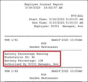 This figure shows the Battery Percentage Warning that is written to the Employee Journal Report when the operator selects OK.