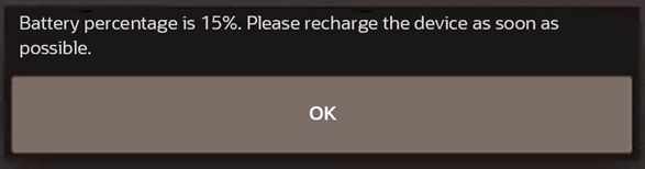 This figure shows the low battery warning message when the battery percentage is greater than 5% and less than or equal to 15%. The operator can click OK.