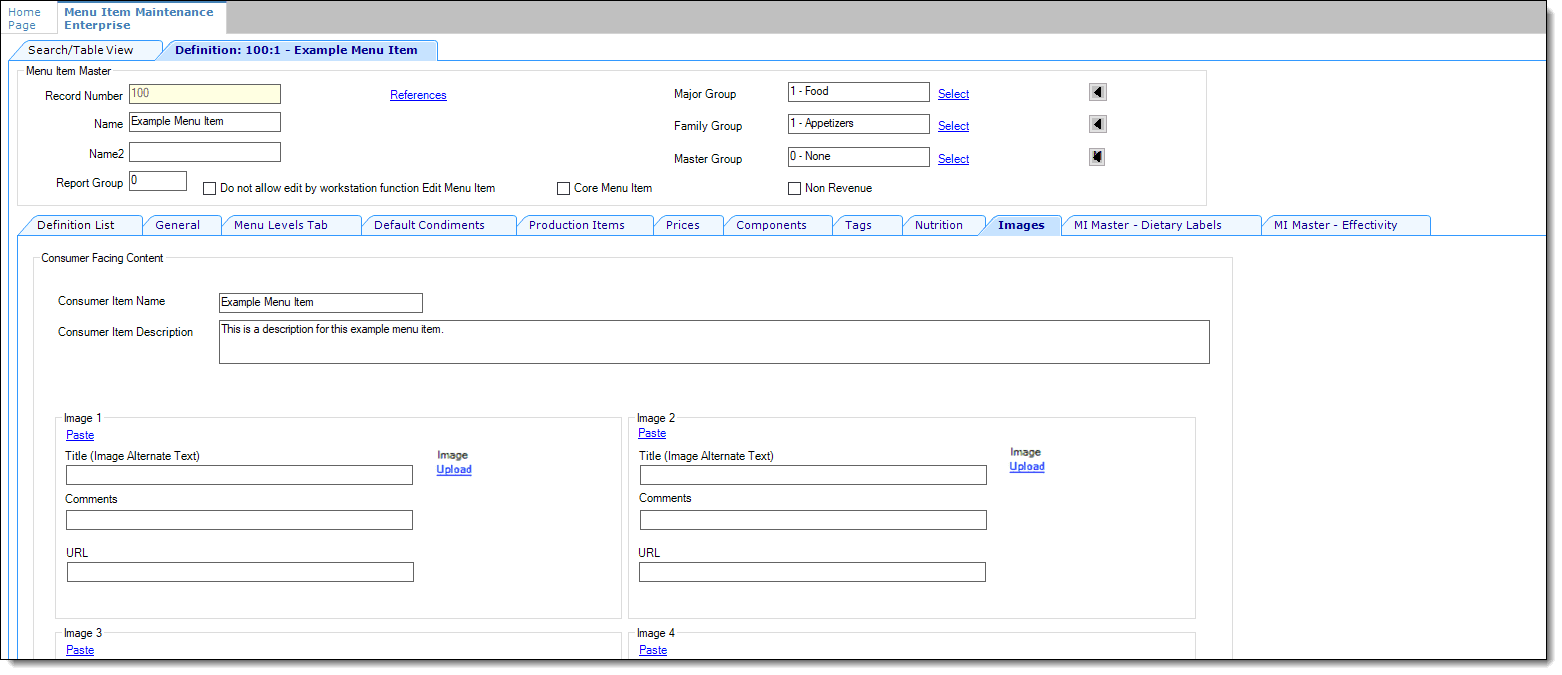 Menu Item Maintenance Images tab showing consumer-facing content fields and image upload sections. Menu Item Maintenance Images tab showing consumer-facing content fields and image upload sections.