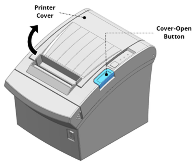 This image shows the location of the printer cover and the cover-open button.