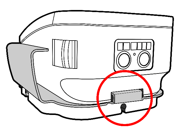 This image shows the right-angle security tab inserted in the center slot on the printer.