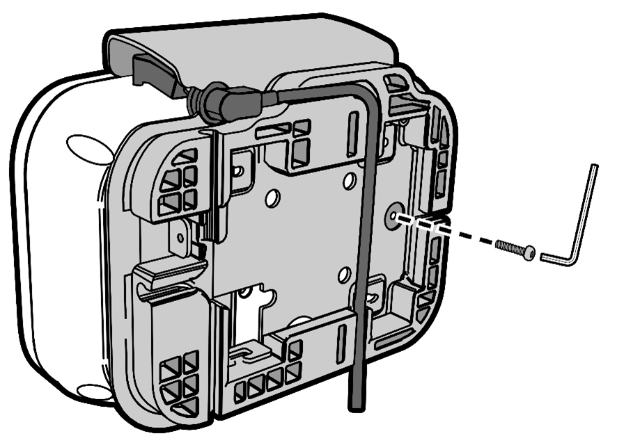 This image shows the security screw installation location and the printer USB cable routed through the base of the bracket.