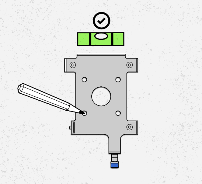 This image shows a level wall mount plate and a pencil marking four screw holes on the wall.