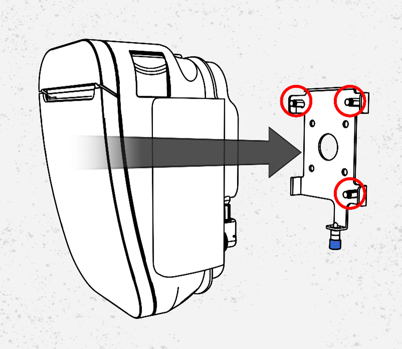 This image shows the printer and bracket as it is being installed on the three posts on the wall mount plate.