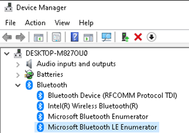 This image shows the Device Manager Bluetooth option with the following four sub-options displayed: Bluetooth Device (RFCOMM Protocol TDI), Intel Wireless Bluetooth, Microsoft Bluetooth Enumerator, and Microsoft Bluetooth LE Enumerator. This image shows the Device Manager Bluetooth option with the following four sub-options displayed: Bluetooth Device (RFCOMM Protocol TDI), Intel Wireless Bluetooth, Microsoft Bluetooth Enumerator, and Microsoft Bluetooth LE Enumerator.