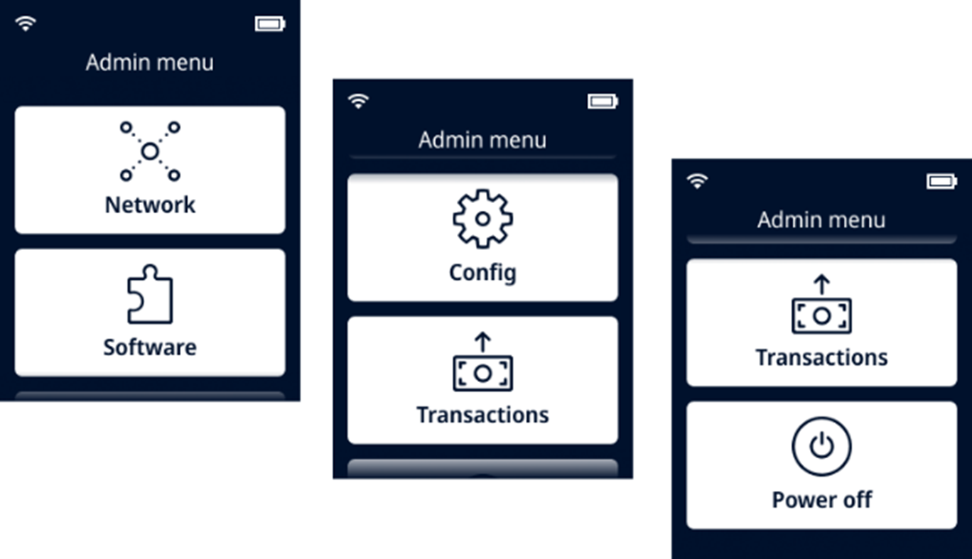 This figure shows the Verifone e285 Admin menu options. This figure shows the Verifone e285 Admin menu options.
