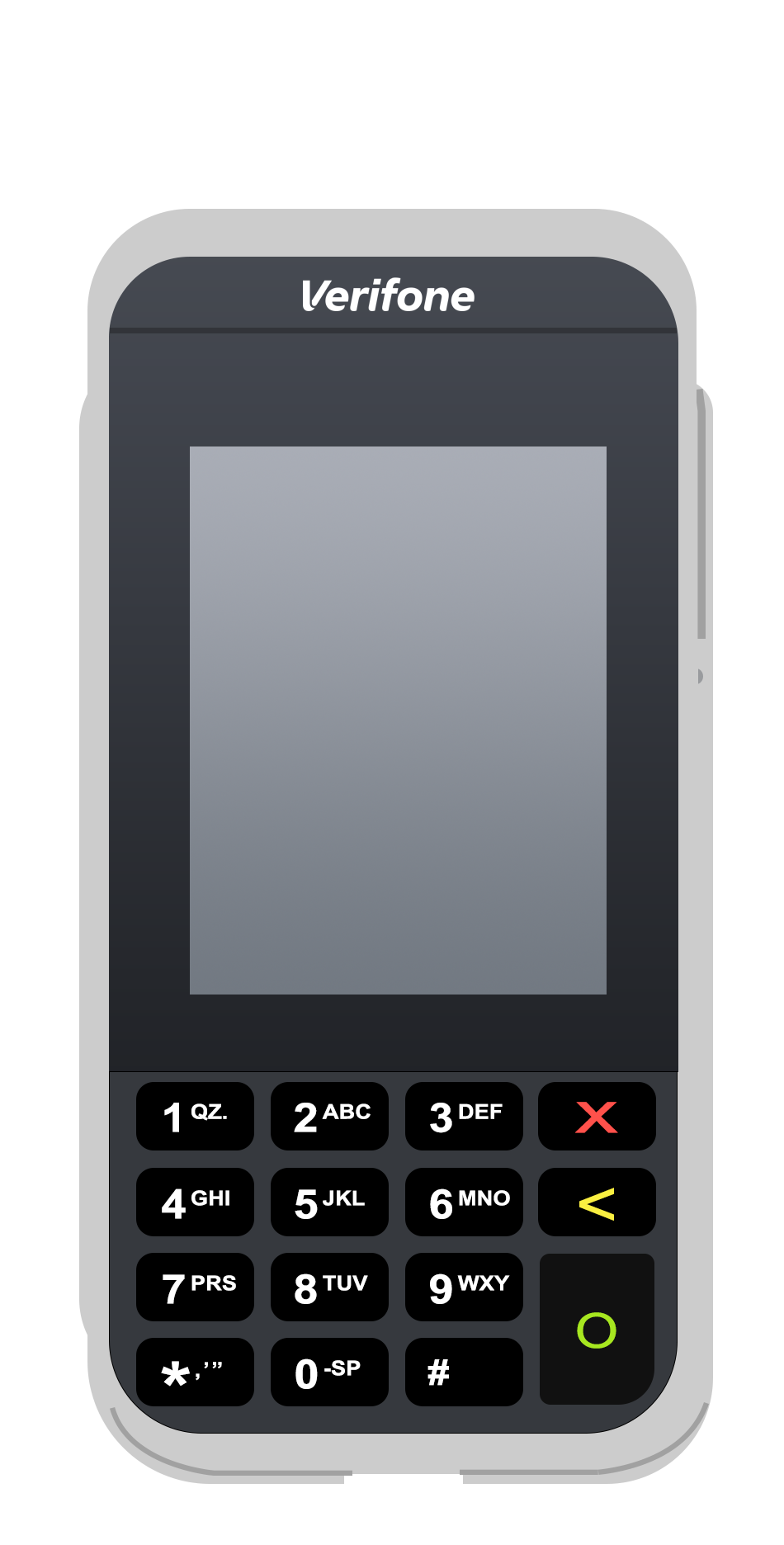 This figure shows the front of the Verifone e285 payment terminal. This figure shows the front of the Verifone e285 payment terminal.