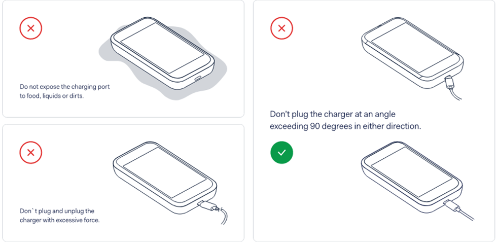 This figure shows guidelines for charging the Verifone e285. This figure shows guidelines for charging the Verifone e285.