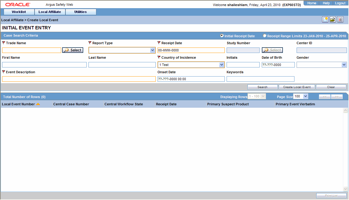 Locale Event Entry Form fields