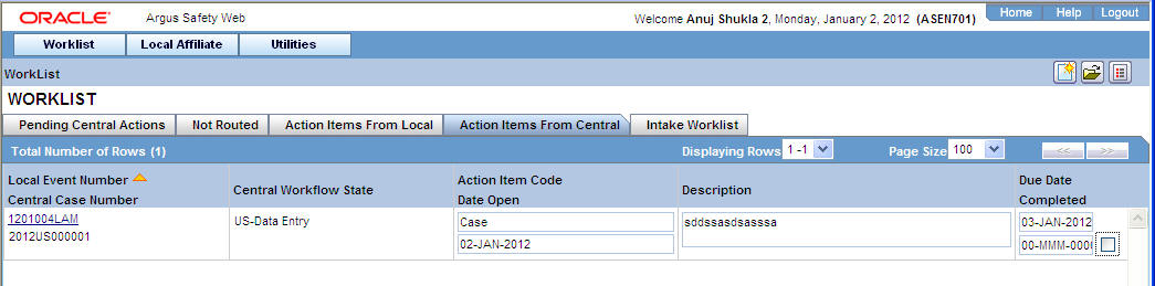 Action Items from Central tab