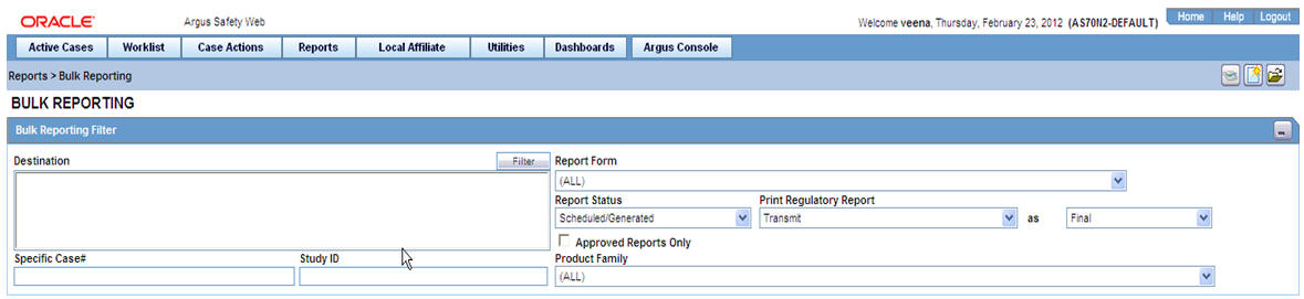 Bulk Reporting Filter section Bulk Reporting Filter section