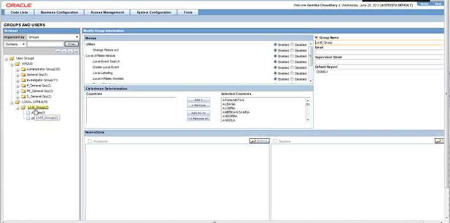 Group and Users screen