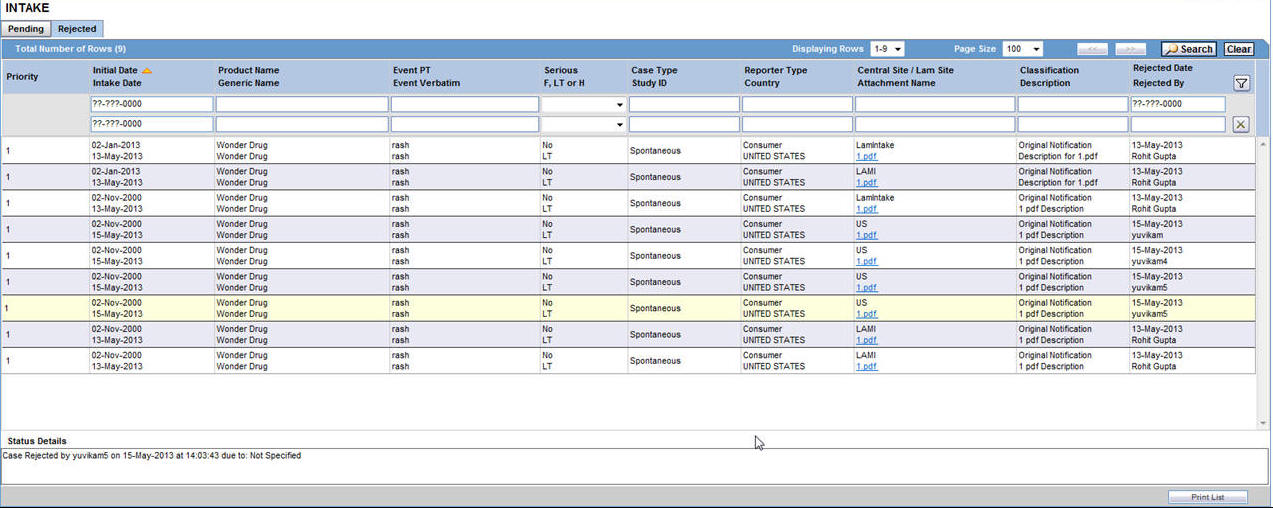 Intake Worklist - Rejected tab