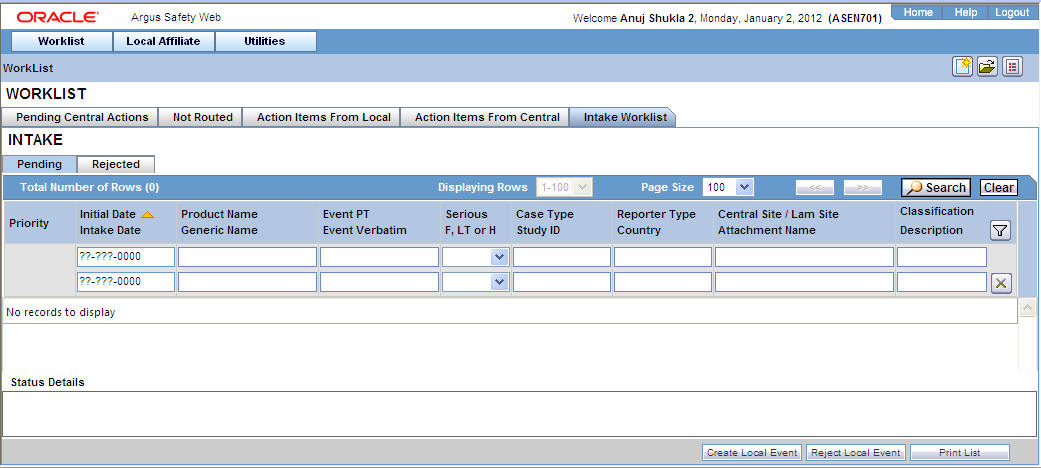 Intake Worklist - Pending tab